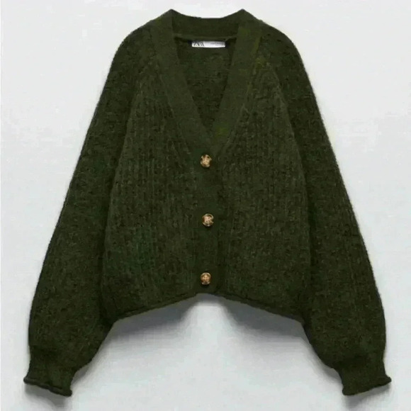 Zara Purl Knit Button Front Alpaca Wool Dark Green Oversized Cardigan size S - Picture 2 of 10